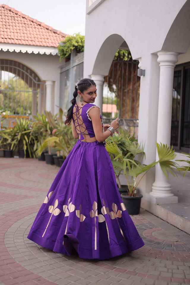 Purple Gota Patti Work Silk Free Size Stitched Lehenga (ACA9911)