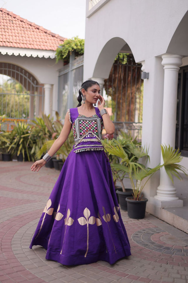 Purple Gota Patti Work Silk Free Size Stitched Lehenga (ACA9911)