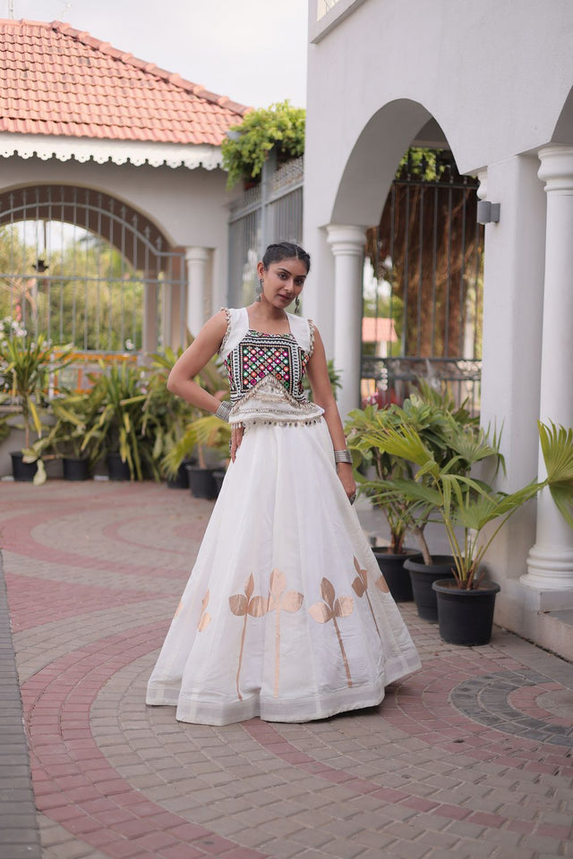 White Gota Patti Work Silk Free Size Stitched Lehenga (ACA9912)