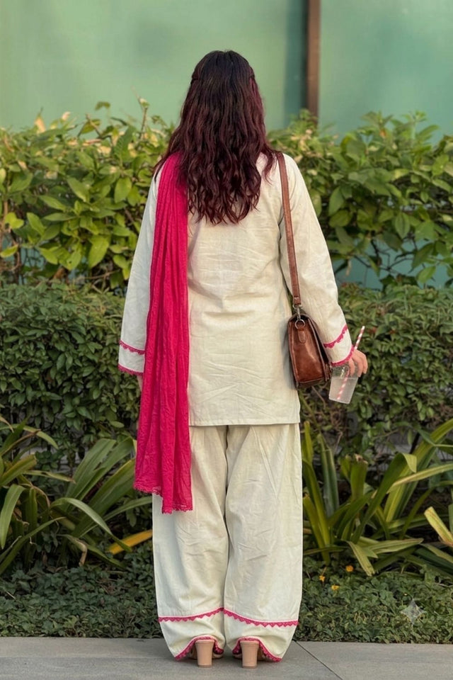 Off White Embroidered Cotton Kurti Pant Set (ACA9922)