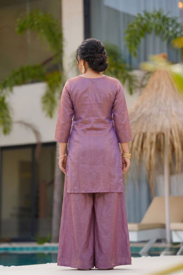 Lavender Floral Embroidered Silk Palazzo Suit (ACA9924)