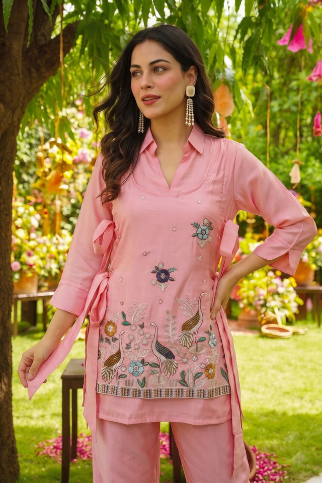 Peach Embroidered Viscose Co-Ord Set (ACA9926)