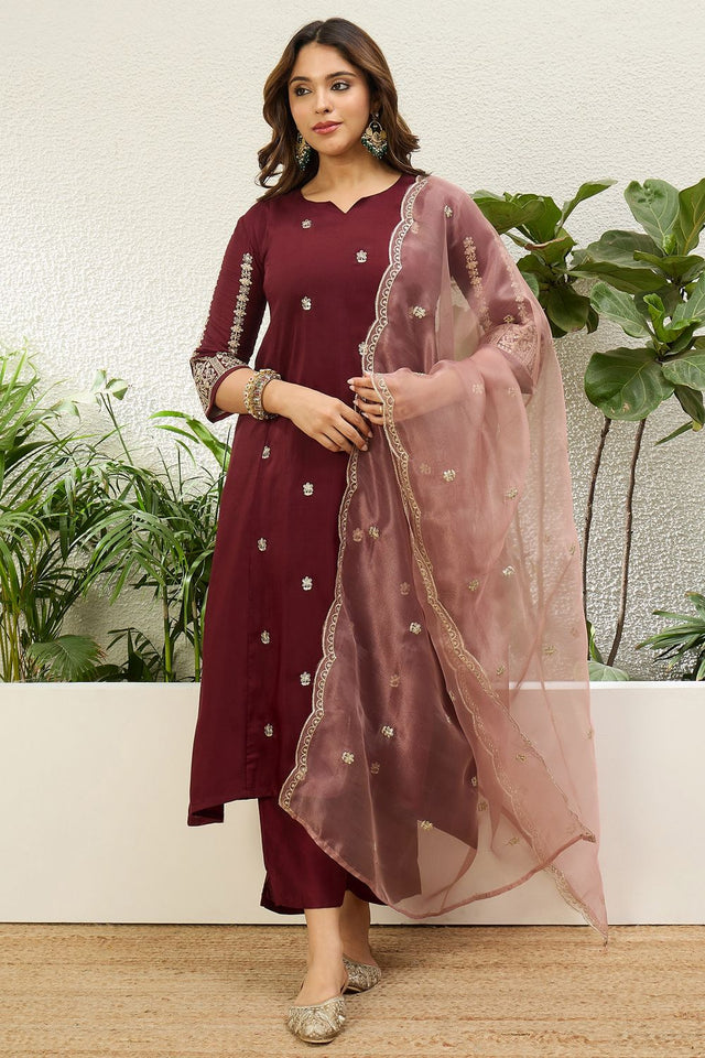 Maroon Floral Embroidered Chinon Straight Cut Suit (ACA9929)