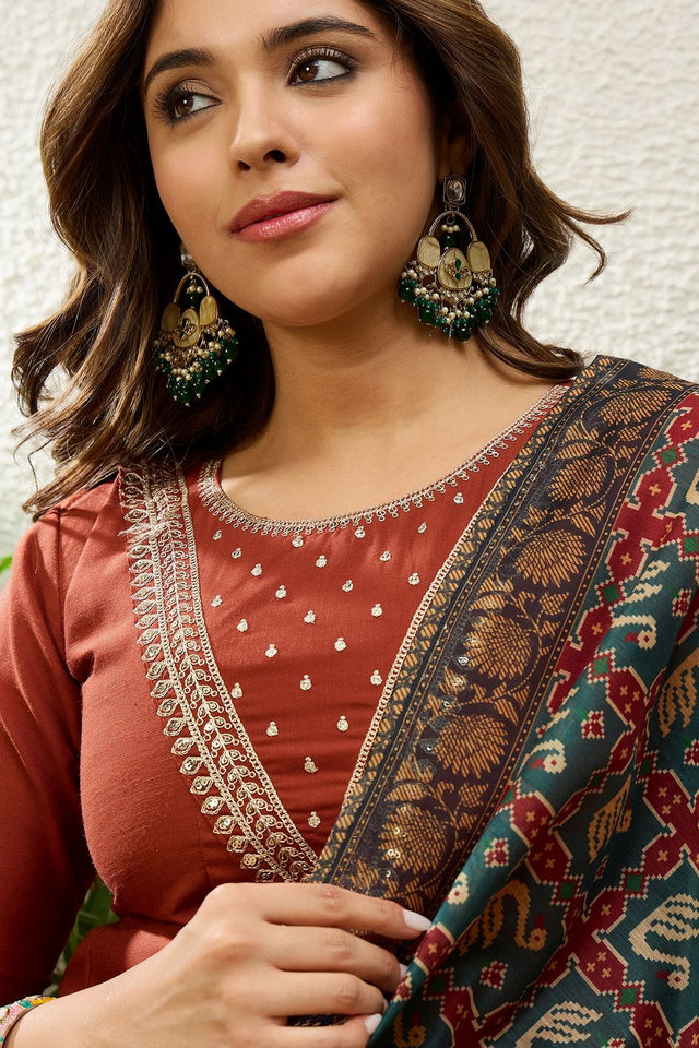 Rust Embroidered Cotton Anarkali Suit (ACA9931)