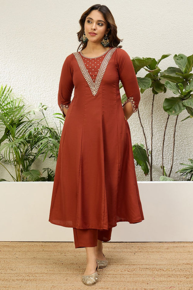 Rust Embroidered Cotton Anarkali Suit (ACA9931)