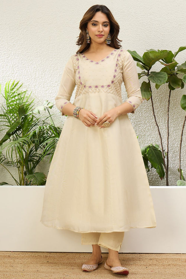 Cream Embroidered Silk Blend Anarkali Suit (ACA9932)