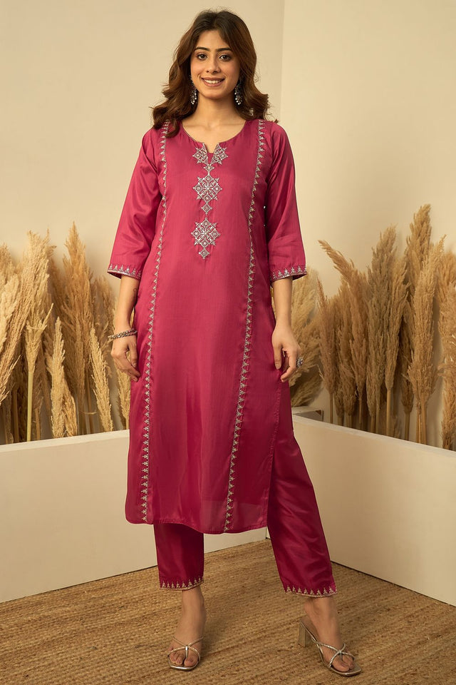 Red Sequin with Embroidered Silk Straight Cut Suit (ACA9933)