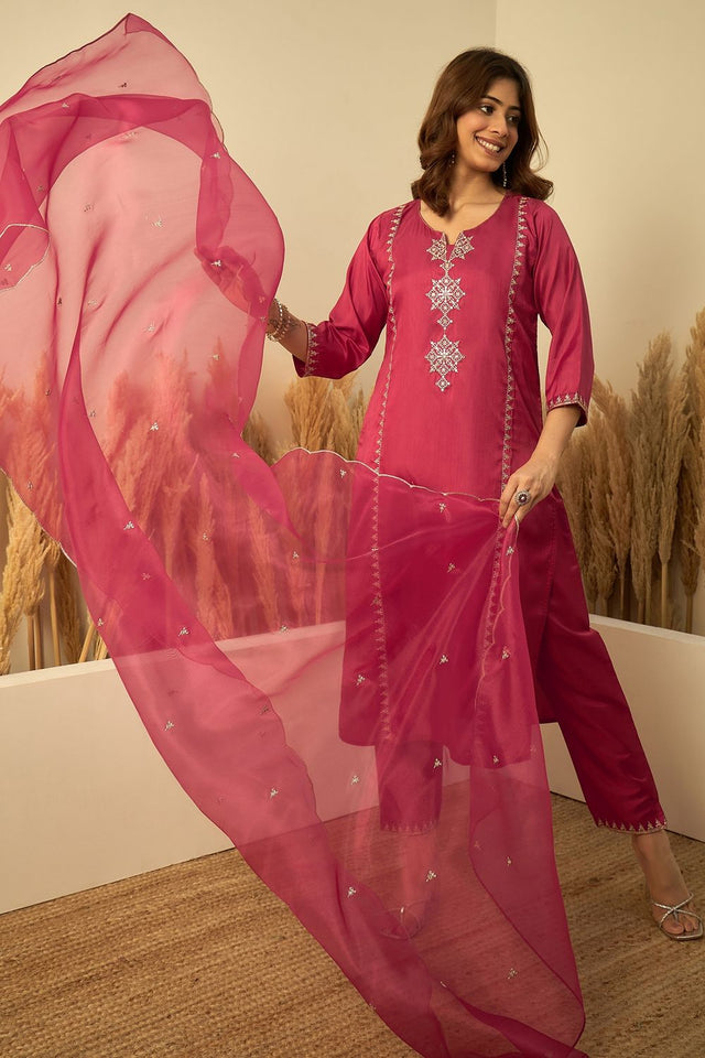 Red Sequin with Embroidered Silk Straight Cut Suit (ACA9933)