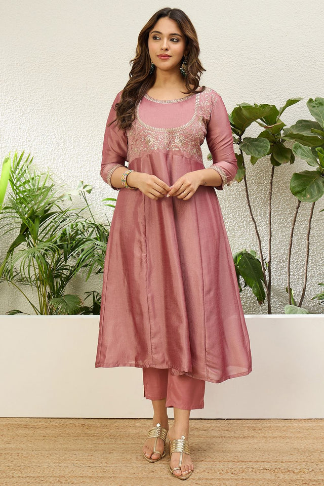 Pink Floral Embroidered Silk Anarkali Suit (ACA9934)