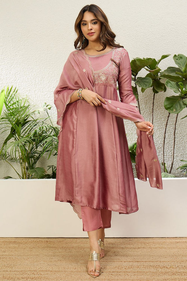 Pink Floral Embroidered Silk Anarkali Suit (ACA9934)