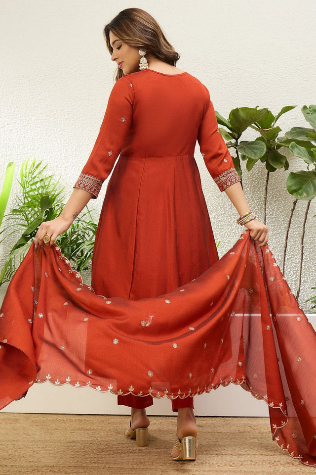 Rust Embroidered Silk Anarkali Suit (ACA9935)