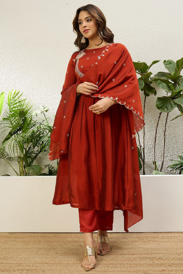 Rust Embroidered Silk Anarkali Suit (ACA9935)