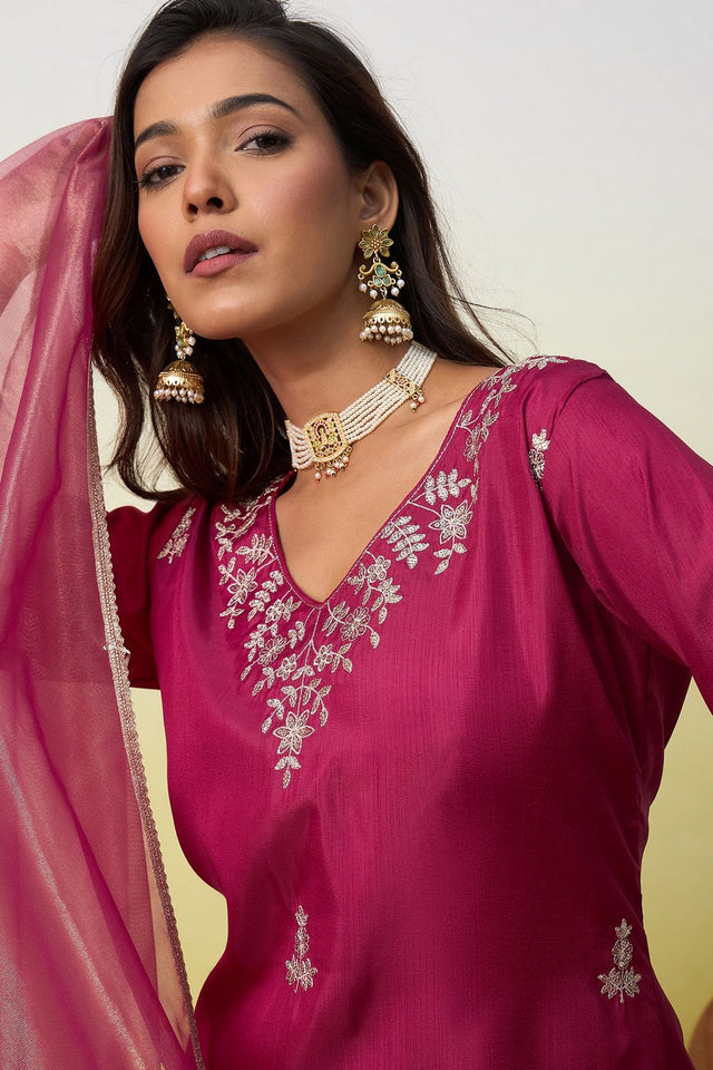 Red Floral Embroidered Silk Blend Straight Cut Suit (ACA9937)