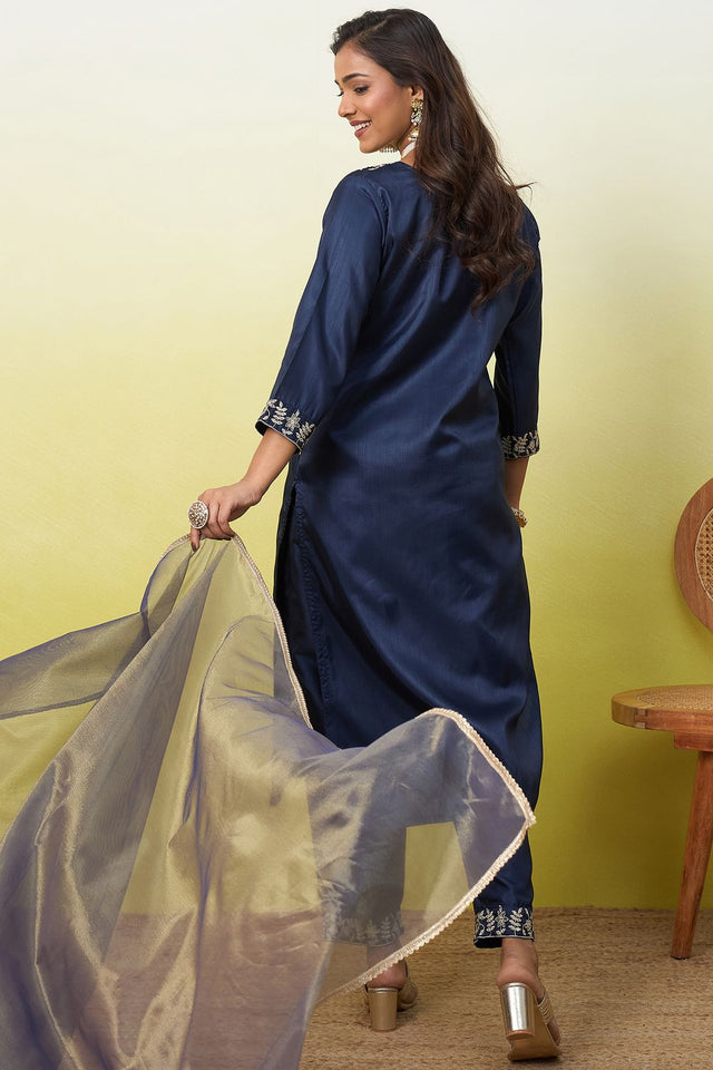 Blue Floral Embroidered Silk Blend Straight Cut Suit (ACA9938)