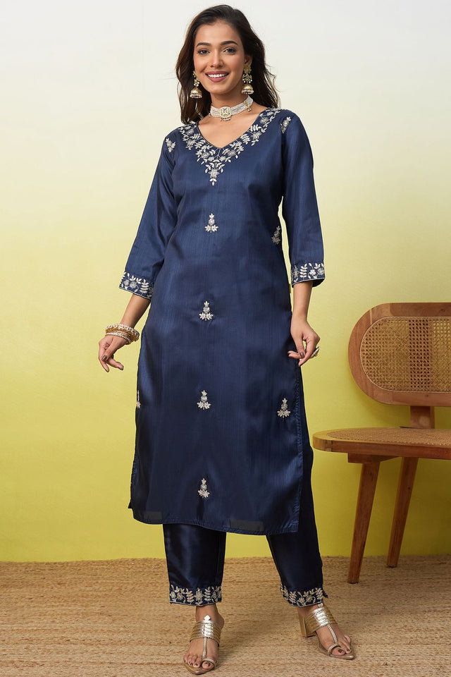 Blue Floral Embroidered Silk Blend Straight Cut Suit (ACA9938)