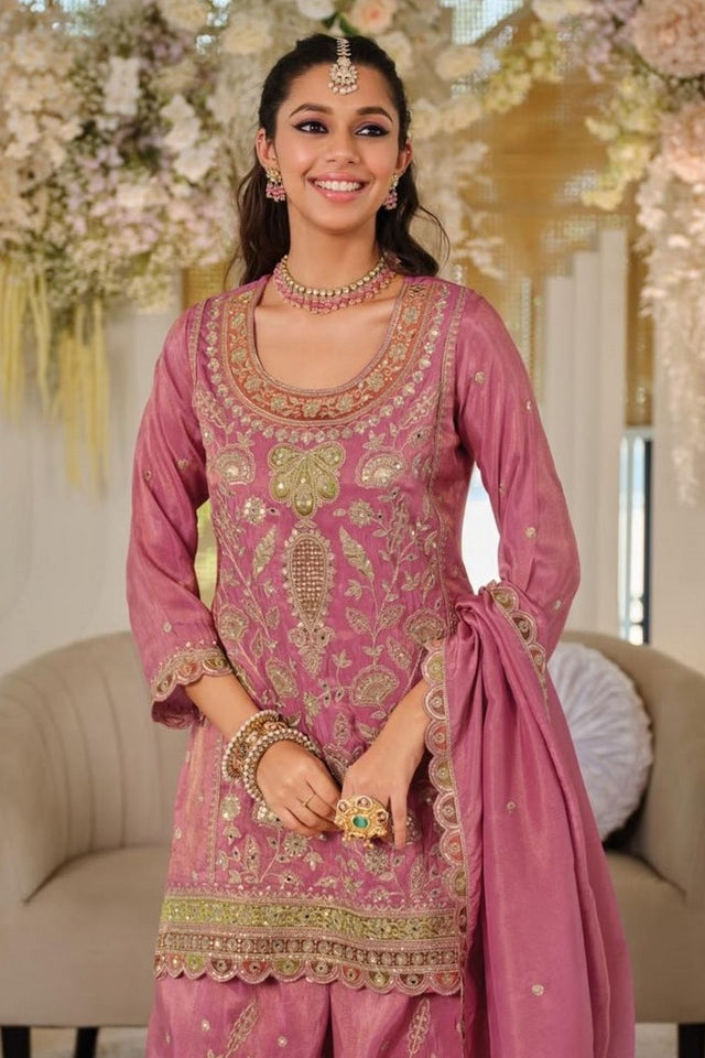 Pink Sequin with Embroidered Silk Free Size Stitched Sharara Suit (ACA9948)