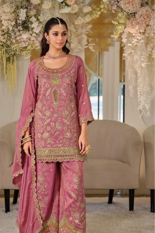 Pink Sequin with Embroidered Silk Free Size Stitched Sharara Suit (ACA9948)
