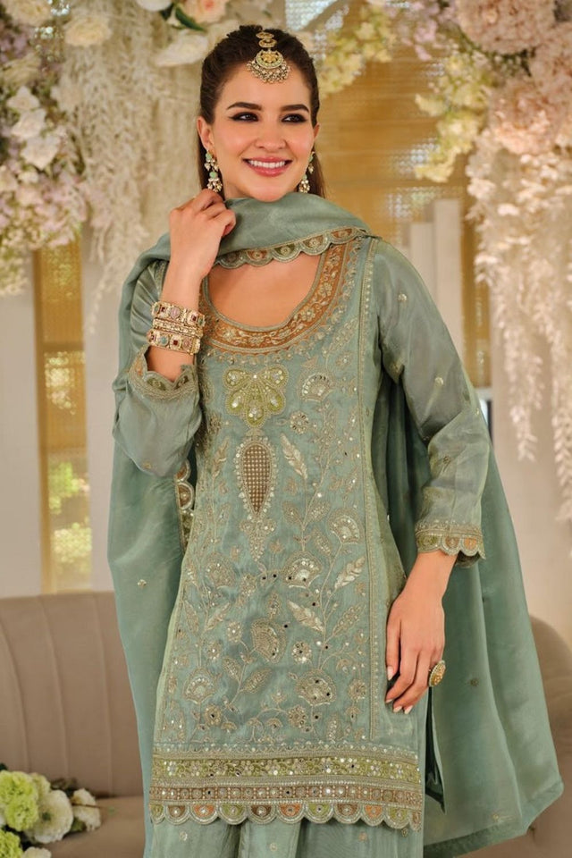 Green Sequin with Embroidered Silk Free Size Stitched Sharara Suit (ACA9950)