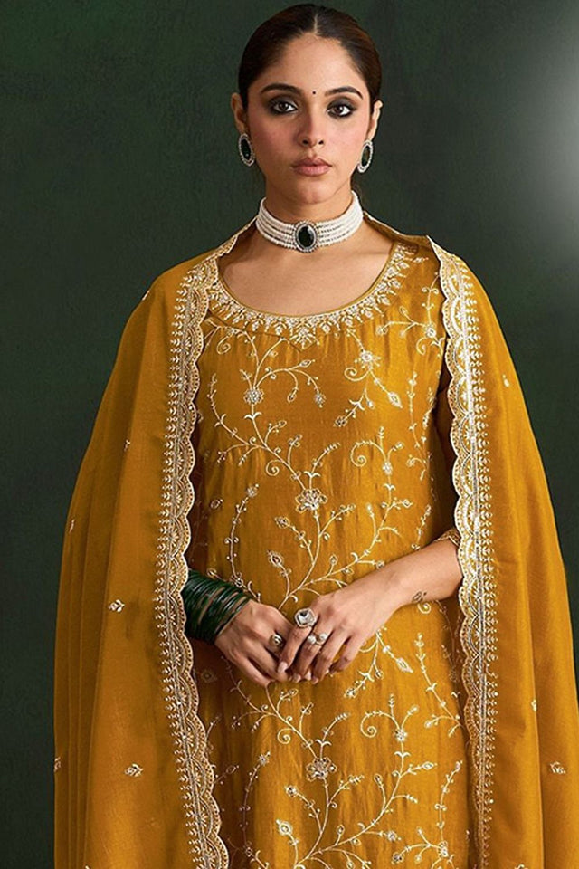 Mustard Floral Embroidered Silk Straight Cut Suit (ACA9951)