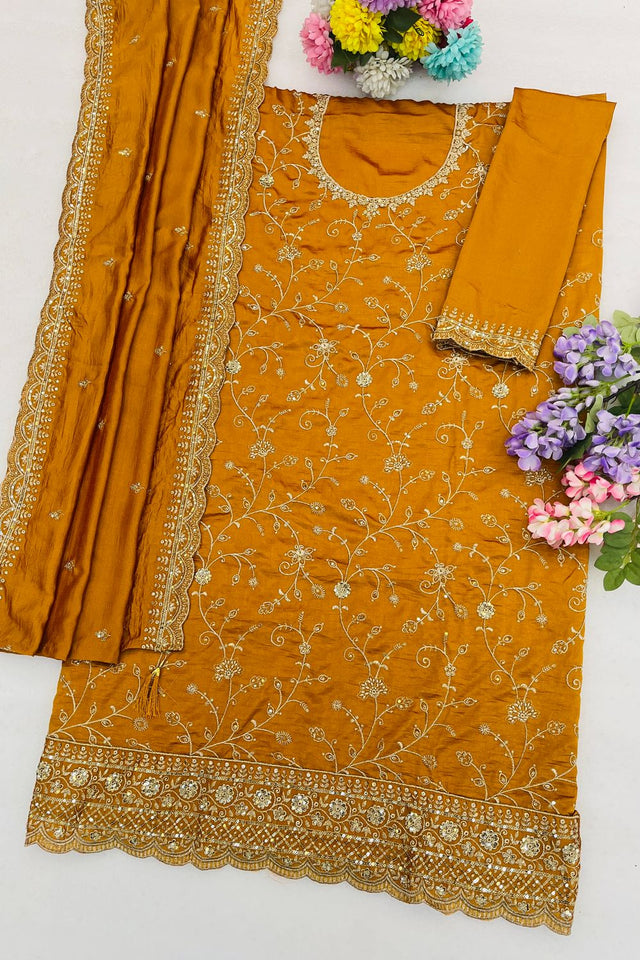 Mustard Floral Embroidered Silk Straight Cut Suit (ACA9951)