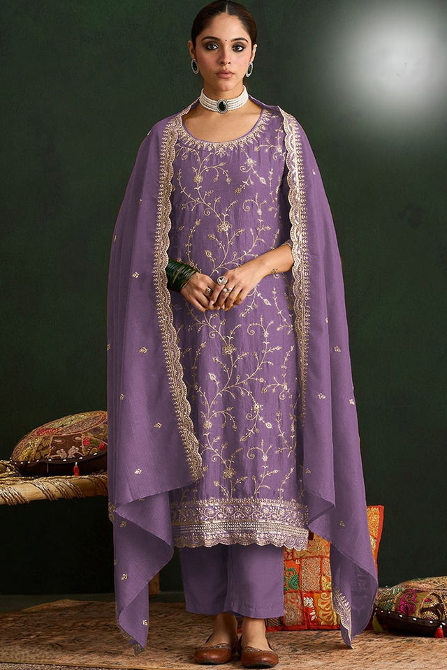 Lavender Floral Embroidered Silk Straight Cut Suit (ACA9952)