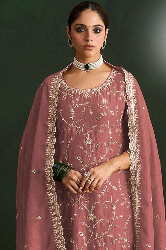 Pink Floral Embroidered Silk Straight Cut Suit (ACA9953)
