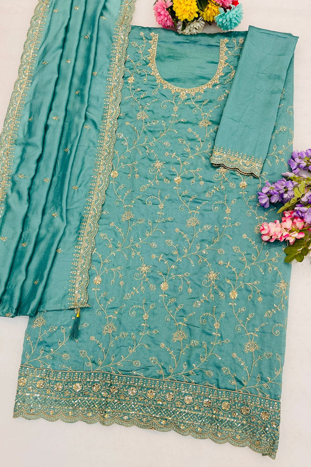 Sea Green Floral Embroidered Silk Straight Cut Suit (ACA9954)