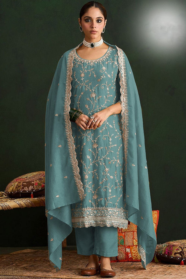 Sea Green Floral Embroidered Silk Straight Cut Suit (ACA9954)