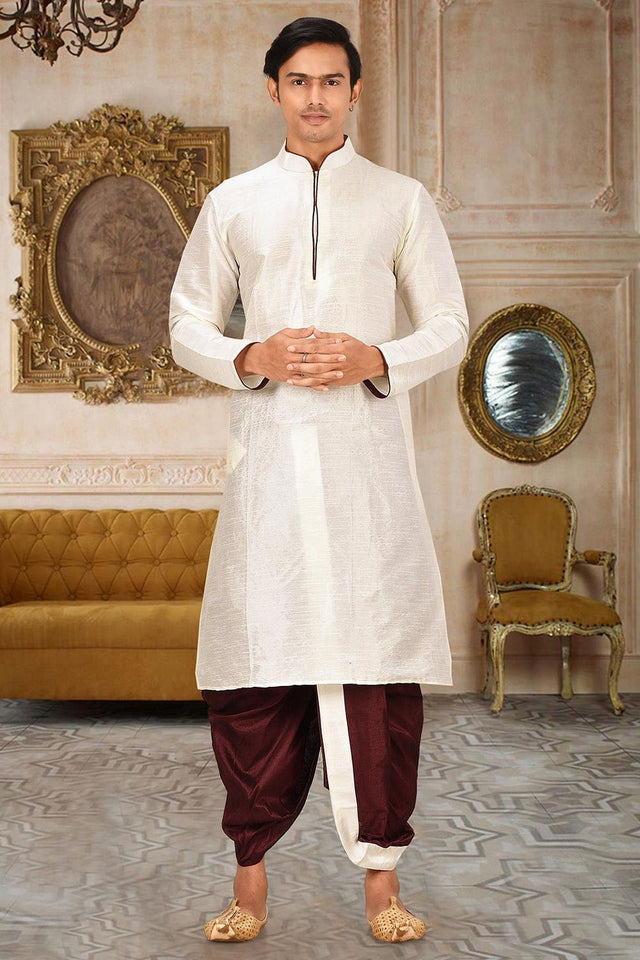 Mens Cream Solid Art Silk Dhoti Kurta Set (ACA9957)