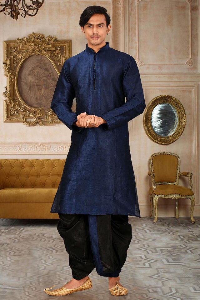 Mens Blue Solid Art Silk Dhoti Kurta Set (ACA9961)