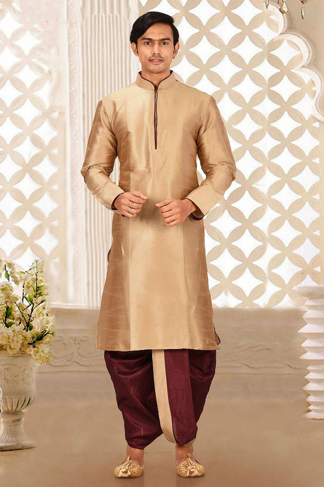 Mens Beige Solid Art Silk Dhoti Kurta Set (ACA9962)