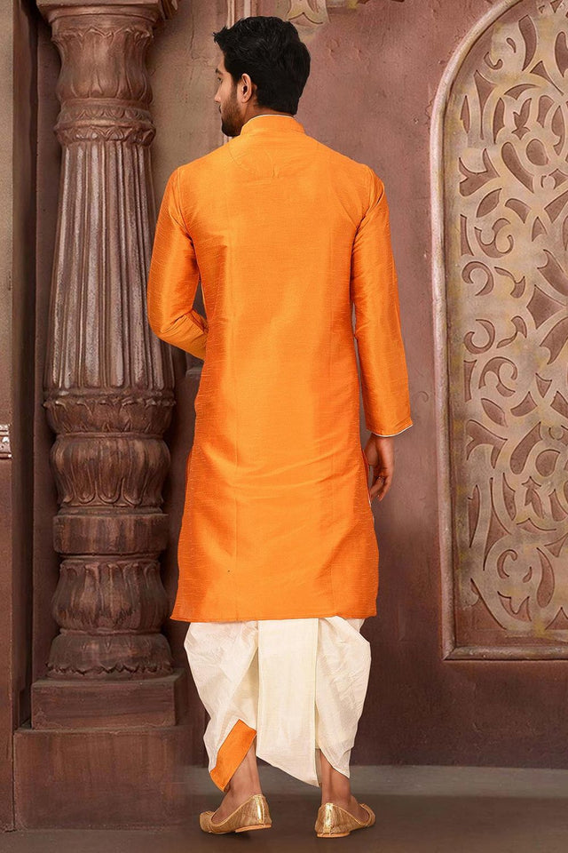 Mens Mustard Solid Art Silk Dhoti Kurta Set (ACA9966)