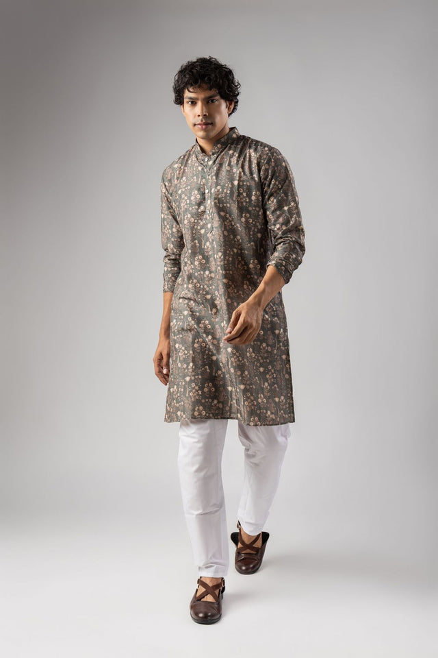 Mens Grey Floral Printed Silk Blend Kurta Set (ACA9983)