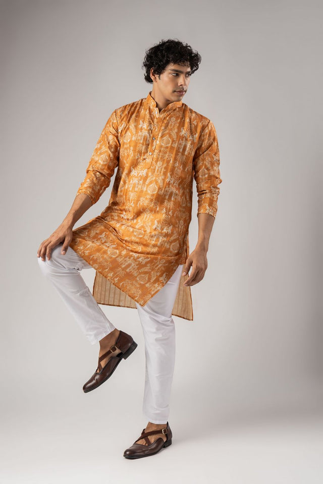 Mens Orange Floral Printed Silk Blend Kurta Set (ACA9985)