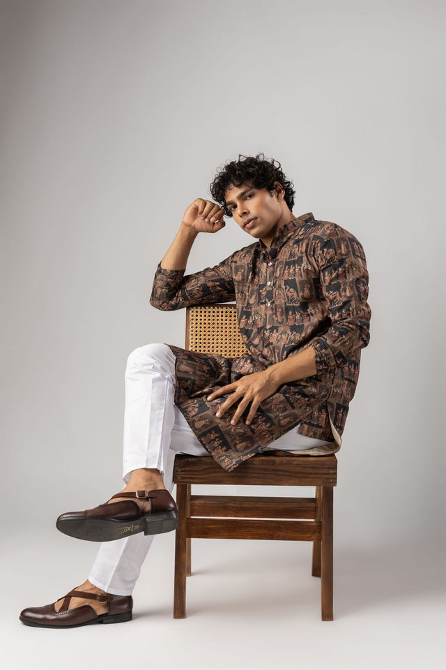 Mens Black Printed Silk Blend Kurta Set (ACA9986)