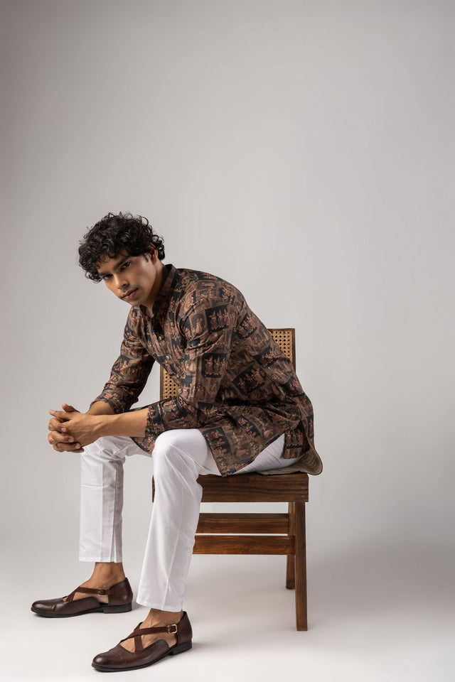 Mens Black Printed Silk Blend Kurta Set (ACA9986)