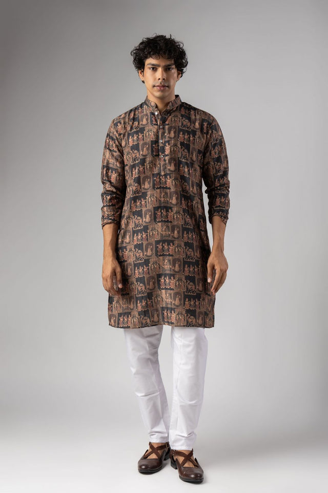 Mens Black Printed Silk Blend Kurta Set (ACA9986)