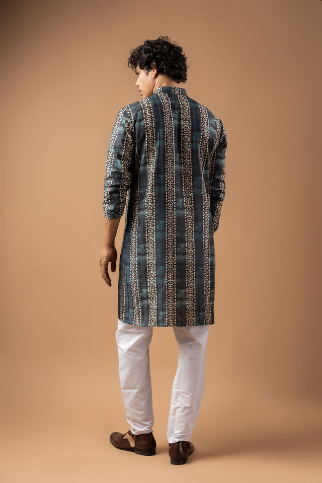 Mens Blue Printed Silk Blend Kurta Set (ACA9987)