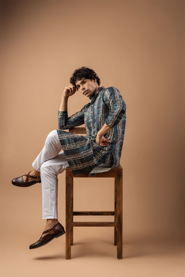 Mens Blue Printed Silk Blend Kurta Set (ACA9987)