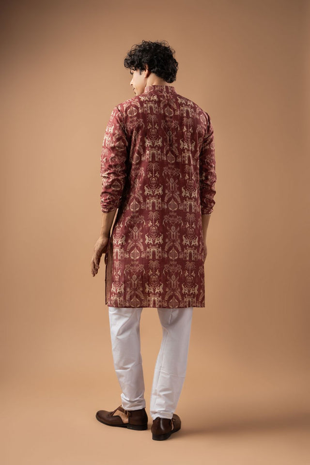 Mens Wine Printed Silk Blend Kurta Set (ACA9988)