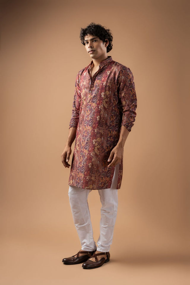 Mens Brown Printed Silk Blend Kurta Set (ACA9989)