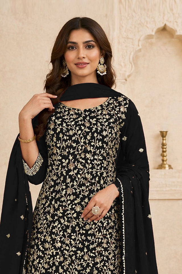 Black Floral Embroidered Georgette Straight Cut Suit (ACA9994)