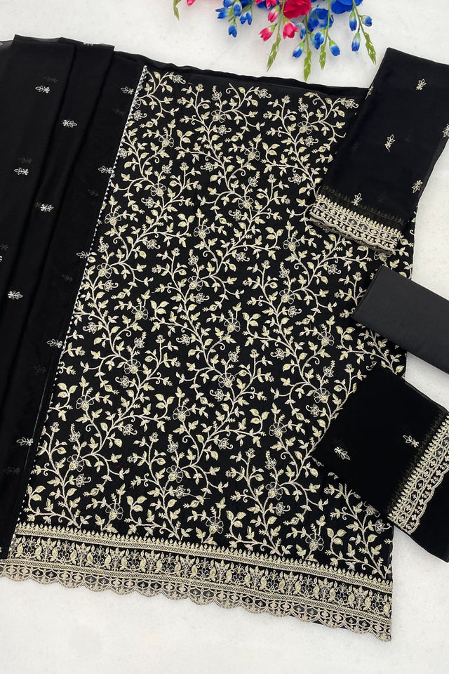 Black Floral Embroidered Georgette Straight Cut Suit (ACA9994)