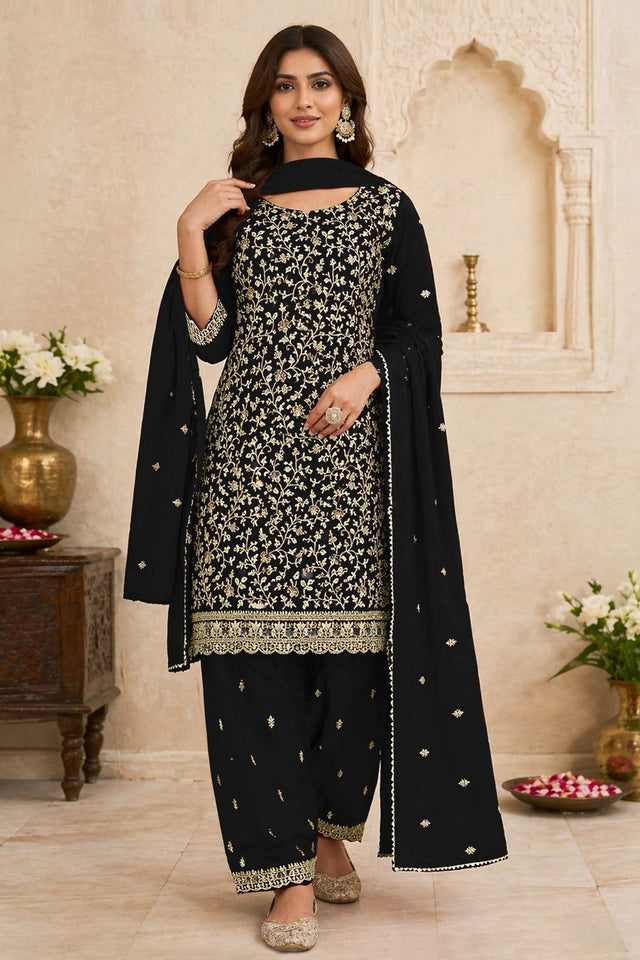 Black Floral Embroidered Georgette Straight Cut Suit (ACA9994)