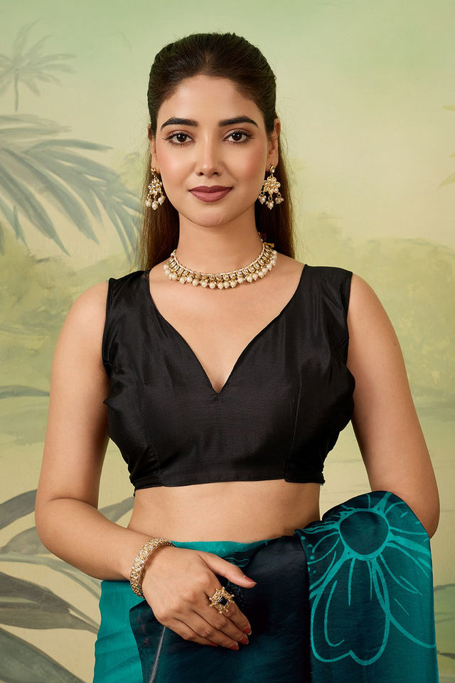 Turquoise Printed Satin Silk Saree (ACA9996)
