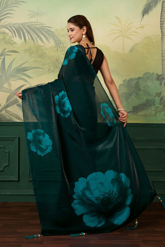 Green Printed Satin Silk Saree (ACA9997)