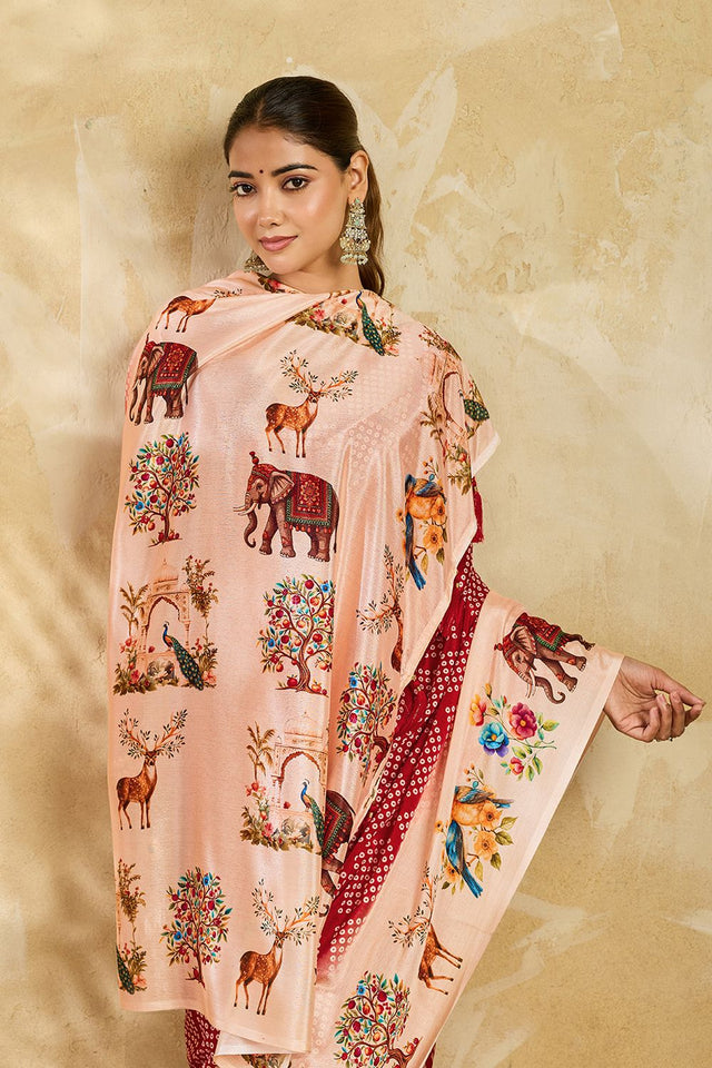 Maroon Printed Chinon Saree (ACA9998)