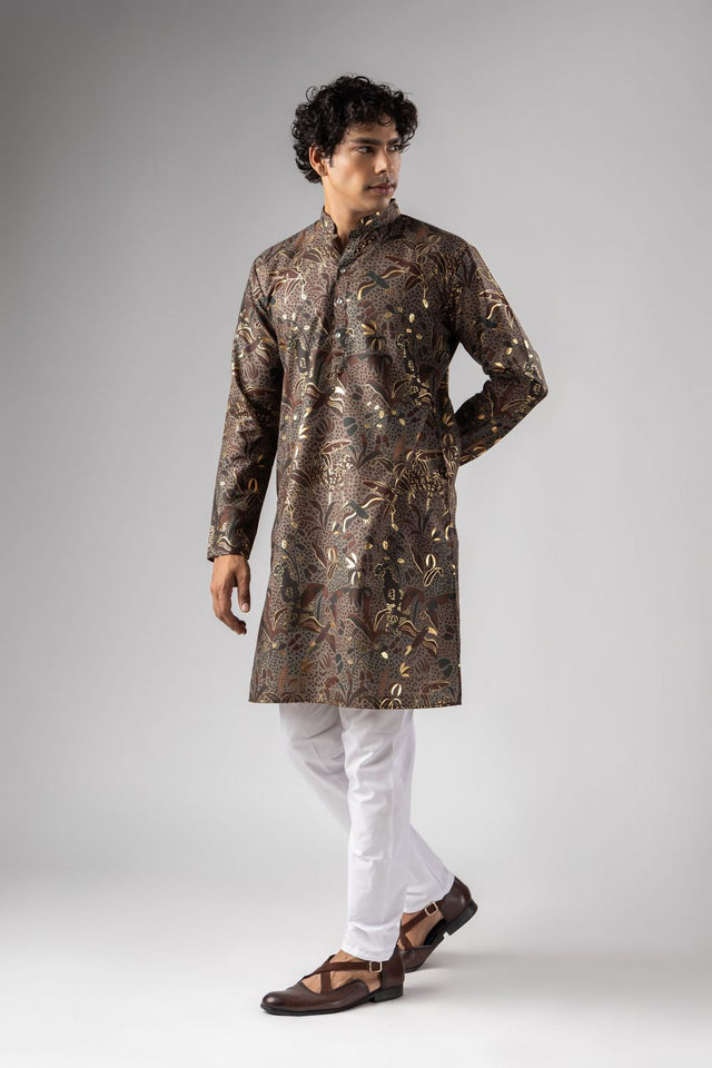 Mens Multi Color Foil Printed Silk Blend Kurta Set (ACB1001)