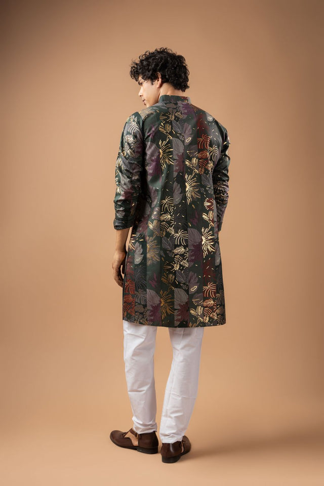 Mens Grey Foil Printed Silk Blend Kurta Set (ACB1005)