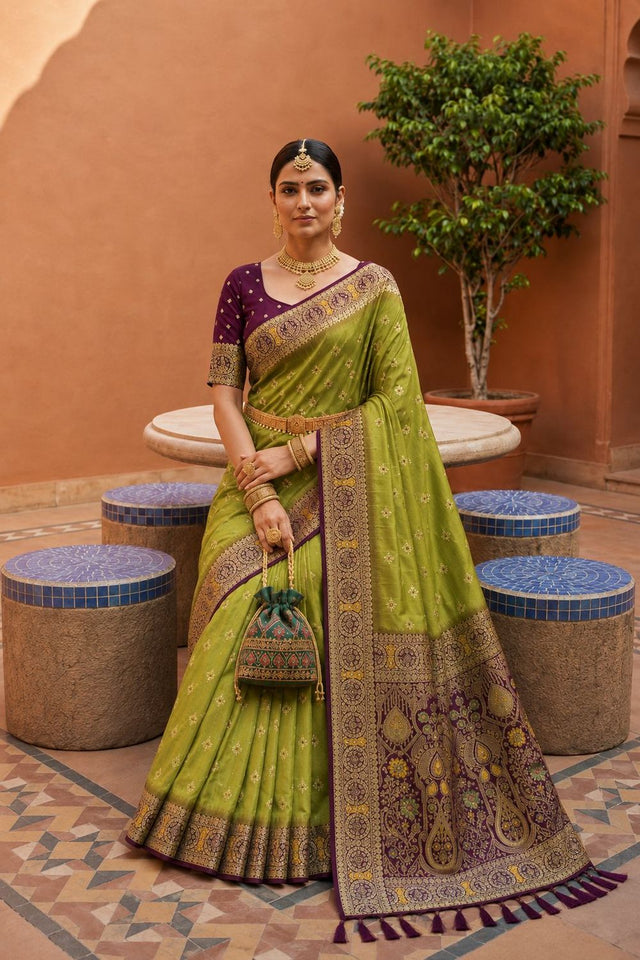 Olive Green Woven Soft Silk Saree (ACB1010)